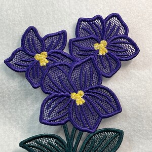 May include: Purple and yellow embroidered flower applique with green leaves.