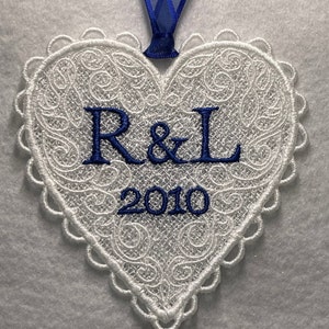FSL Personalized Heart (Free Standing Lace - A Finished Embroidery product, not a design file or pattern). See chart for thread colors.