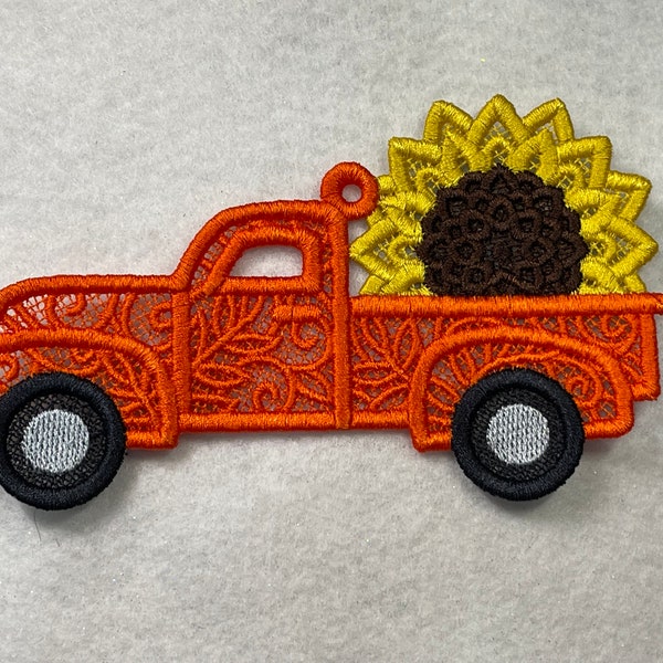 Sunflower Truck (Free Standing Lace - A Finished Embroidery product, not a design file or pattern)