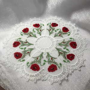 Poppy Doily (Free Standing Lace - A Finished Embroidery product, not a design file or pattern)