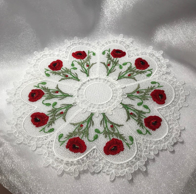 Poppy Doily Free Standing Lace - A Finished Embroidery product, not a design file or pattern
