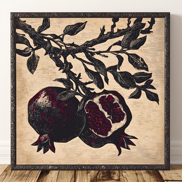 Gothic Pomegranate Etching Dark Romantic Antique Botanical Wall Art