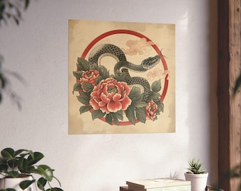Japanese Tattoo Art Print: Serpent and Peony Wall Decor