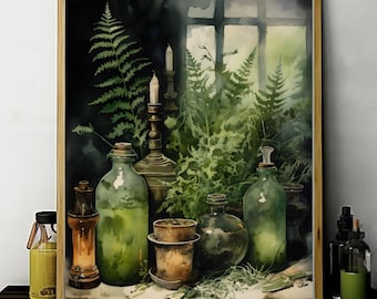 May include: Watercolor painting of a still life with apothecary bottles, candles, and ferns. The artwork features a wooden frame and a dark, moody aesthetic. Green and brown tones dominate the composition, creating a vintage, botanical theme.