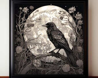 Gothic Raven Moonlight Print: Vintage Etching Style Wall Art