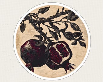Gothic Pomegranate Sticker Dark Romantic Linocut Floral Art