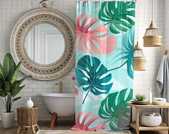 Scandi Monstera Shower Curtain - Retro Scandinavian Design with Monstera Leaves in Blues, Greens, and Pinks, Bathroom Decor