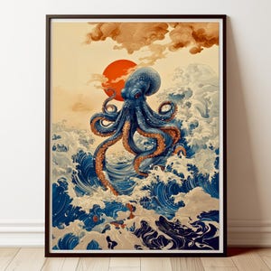 Impresión artística, póster de pulpo japonés, arte de pared Ukiyo-e, decoración de olas del océano, pósteres verticales mate, decoración náutica para el hogar
