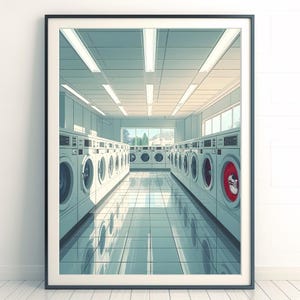 May include: A framed print of a laundromat interior. Rows of white washing machines line the walls, with a red-colored washing machine door visible. The floor is tiled, and the ceiling has bright fluorescent lights.