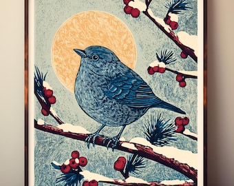 Winter Bird Print, Linocut Style, Solstice Cottagecore Wall Art
