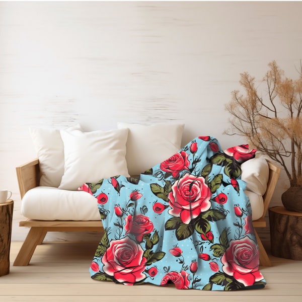 Kitsch Rose Sherpa Fleece Blanket - Abstract Retro Kitschy Design, Cozy and Bold Throw for Unique Home Decor