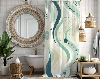 The Scandi Sway Shower Curtain - Retro Scandinavian Abstract Design in Shades of Green for Chic Bathrooms, Bathroom Decor