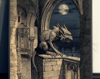 The Gargoyle Watcher, Gothic Etching Wall Art Print