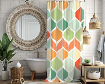 Scandi Vibes Shower Curtain - Retro Scandinavian Abstract Design in Green & Orange, Bath Drape, Bathroom Decor