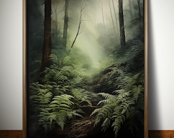 Moody aquarel varenbos print: aardse groene botanische kunst