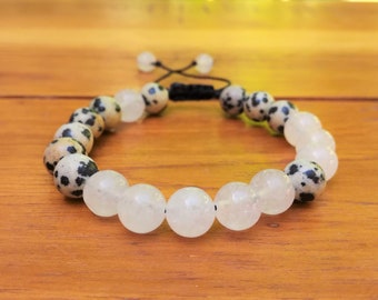 8mm,Dalmatian Jasper and White Jade bracelet, White stone bead bracelet, White Mala bracelet, White Shamballa bracelet. White yoga bracelet