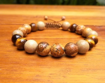 8mm, Picture Jasper and Tiger eye bracelet, Brown stone bead bracelet, Brown Mala bracelet, Brown Shamballa bracelet. Yoga bracelet.