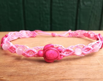 Beach anklet,Turtle anklet,Pink anklet,Turtle choker necklace,Adjustable water resistant macrame turtle anklet/choker with Cats eye beads.