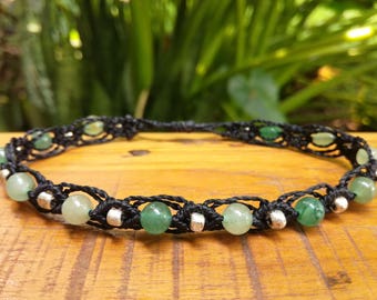 Aventurine ankle bracelet, Beaded macrame anklet, Woven gemstone anklet, Green stone anklet, Waxed string beach anklet, Black macrame anklet