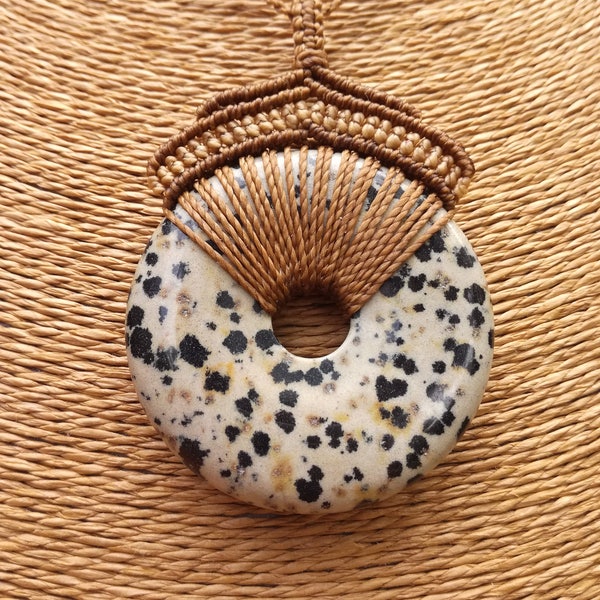 Dalmatian jasper necklace, Macrame stone necklace, Gemstone donut necklace, Brown stone necklace, Dalmatian jasper pendant necklace.