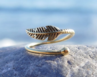 brass ring, sterling brass ring, brass ring for woman, adjustable ring, adjustable brass ring, leaf ring, feather ring, brass leaf ring