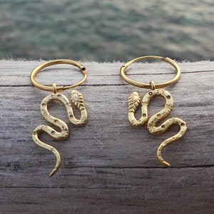 Gold plated snake earrings, golden snake hoops, gold plated 24k, serpent hoops, serpent earrings, sterling brass snake earrings, shiva, gold
