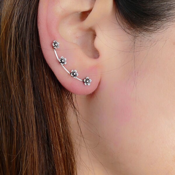 silver earring ear climbers, earring for woman, silver earring, flower silver earring, flower earring, special earring, climbers