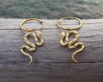 Gold plated snake earrings, golden snake hoops, gold plated 24k, serpent hoops, serpent earrings, sterling brass snake earrings, shiva, gold