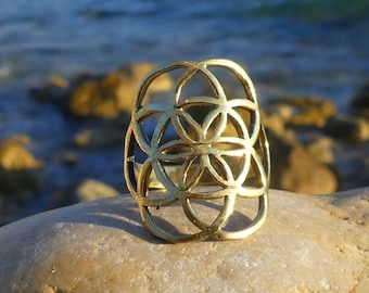 Ring mit der Blume des Lebens, Messingring, heiliger Ring, Symbolring, heilige Geometrie, Kundalini, Schmuck mit der Blume des Lebens, Boho-Ring, Geschenk, Symbol