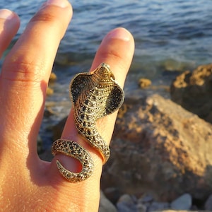 Può includere: Un anello color oro con un designo di cobra dettagliato con accenti neri. L'anello è indossato su un dito.