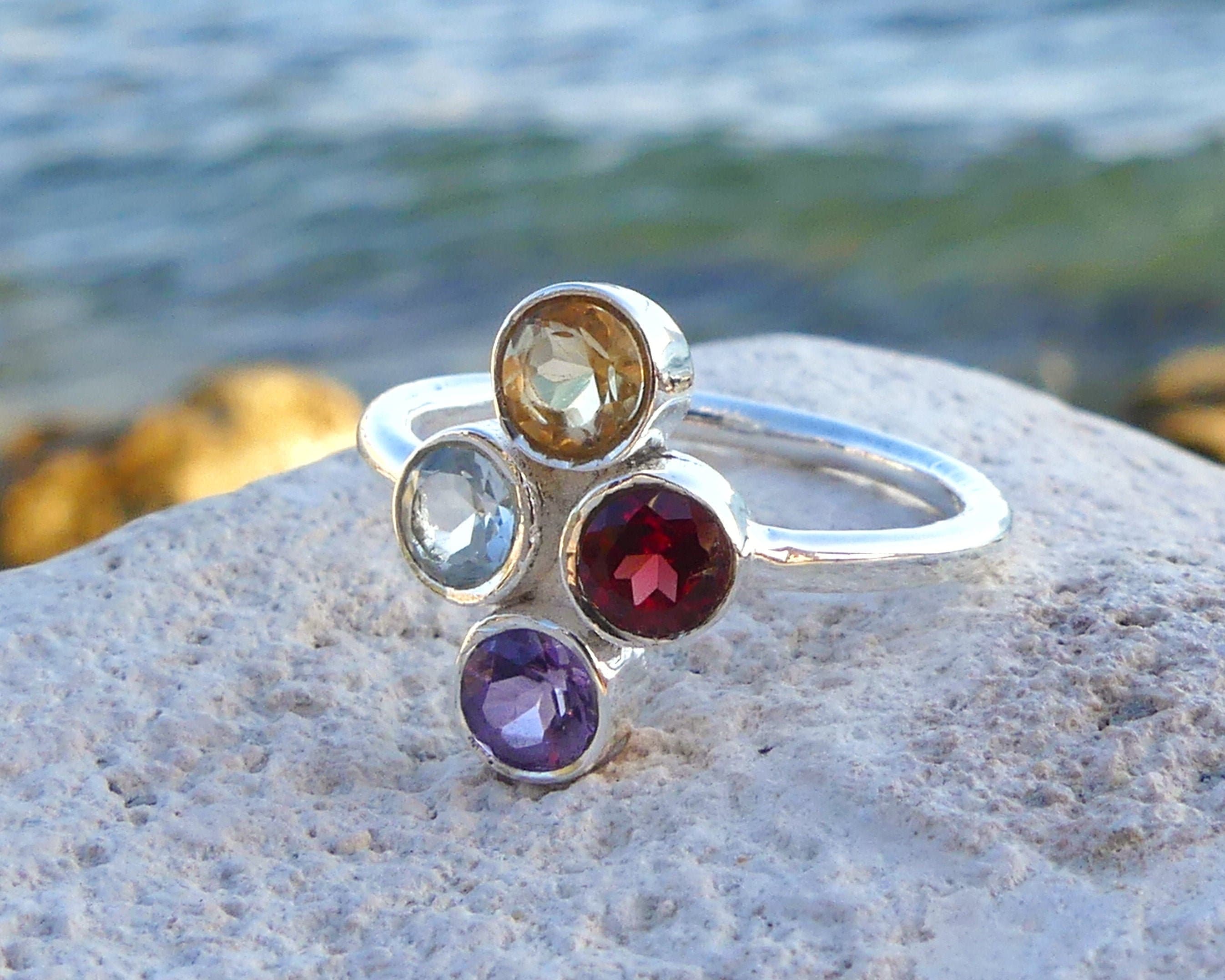 Silver Ring With Gems, Sterling Silver Ring, Multi Gems Ring, Ring With Gems,  Citrine, Topaz, Amethyst, Garnet, Gemstone Ring, Gift, Special - Etsy