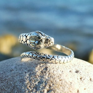 May include: A silver snake ring with a textured, scaly design. The ring is open and adjustable to fit most finger sizes.