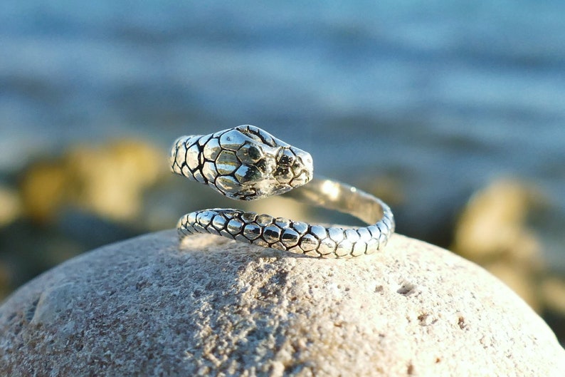 May include: A silver snake ring with a textured, scaly design. The ring is open and adjustable to fit most finger sizes.