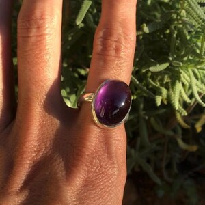 K&ouml;nnte beinhalten: Ein silberner Ring mit einem gro&szlig;en, ovalen, tiefvioletten Edelstein. Der Edelstein ist in einem silbernen Band gefasst, was einen auff&auml;lligen Kontrast erzeugt. Der Ring wird an einem Finger gezeigt, mit einem nat&uuml;rlichen gr&uuml;nen Hintergrund.