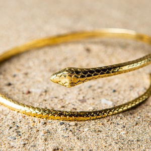 以下が含まれることがあります： テクスチャ加工された表面を持つ金の蛇の形をしたバングルブレスレット。ブレスレットは巻かれており、蛇の頭は視聴者の方を向いています。