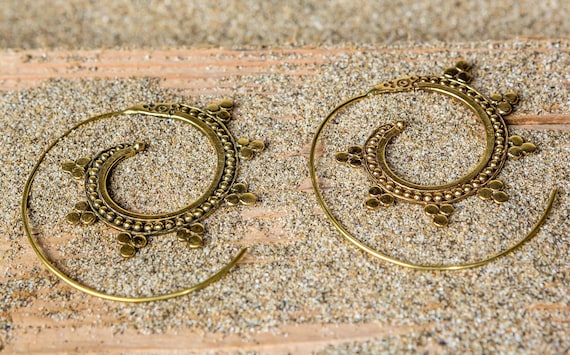 Spiral earrings, tribal earrings, sterling brass earrings, circle earrings, spiral hoops, ethnic earrings, special earrings, goddess, gift