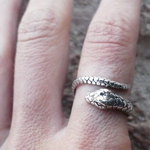May include: A silver snake ring with a textured finish. The ring is wrapped around a finger.