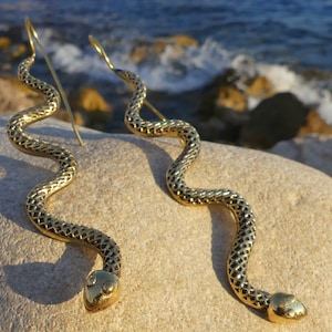 Snake earrings, cobra earring, python earring, golden snake earring, snake hoops, gift, long sear rings, snake brass earring, snake jewelry