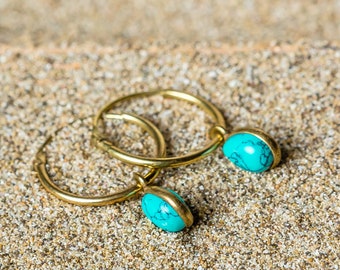Turquoise earrings, gold turquoise earrings, brass earrings with turquoise gem, small turquoise hoops, minimalist earrings, minimal hoops