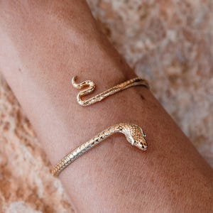 Puede incluir: Brazalete de serpiente dorado. El brazalete se envuelve alrededor del brazo, con la cabeza y la cola de la serpiente formando los extremos. El cuerpo de la serpiente tiene un patrón de escamas texturizadas. El brazalete se lleva en el brazo.