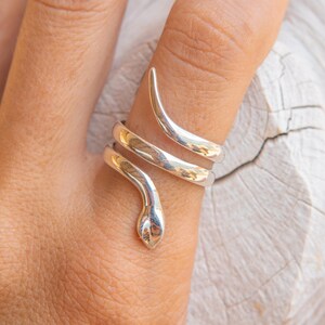 Puede incluir: Un anillo de serpiente plateado envuelve un dedo. El anillo presenta un dise&ntilde;o de cabeza y cola de serpiente, con el cuerpo de la serpiente enroll&aacute;ndose alrededor del dedo en espiral. El anillo es de metal brillante.