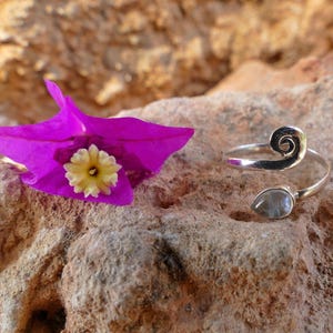 Peut inclure: Une bague en argent avec un motif en spirale et une pierre précieuse transparente. La bague est sur un rocher avec une fleur rose.