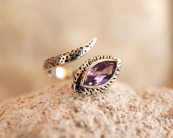 Amethyst silver ring, snake ring with amethyst, amethyst adjustable ring, amethyst ring, silver ring with gem, natural gem, snake ring, gift