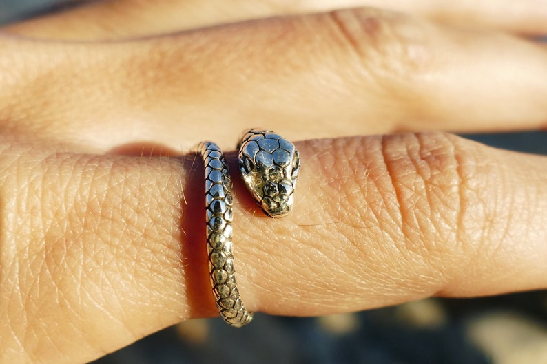 May include: A silver snake ring with a detailed head and a coiled body.