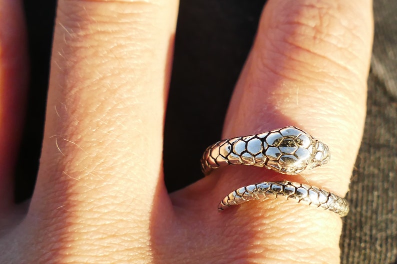 May include: A silver snake ring with a textured, scaly design. The ring is wrapped around a finger.