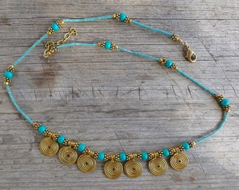 Necklace for woman, brass necklace, necklace with turquoise, turquoise necklace, ethnic necklace, beautiful necklace, golden necklace, brass