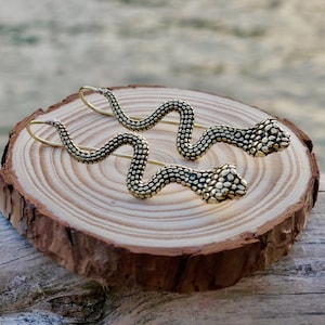 Snake earrings, long snake earring, golden snake earring, golden serpent earring, brass snake earring, kundalini, snake jewelry, shiva, gift