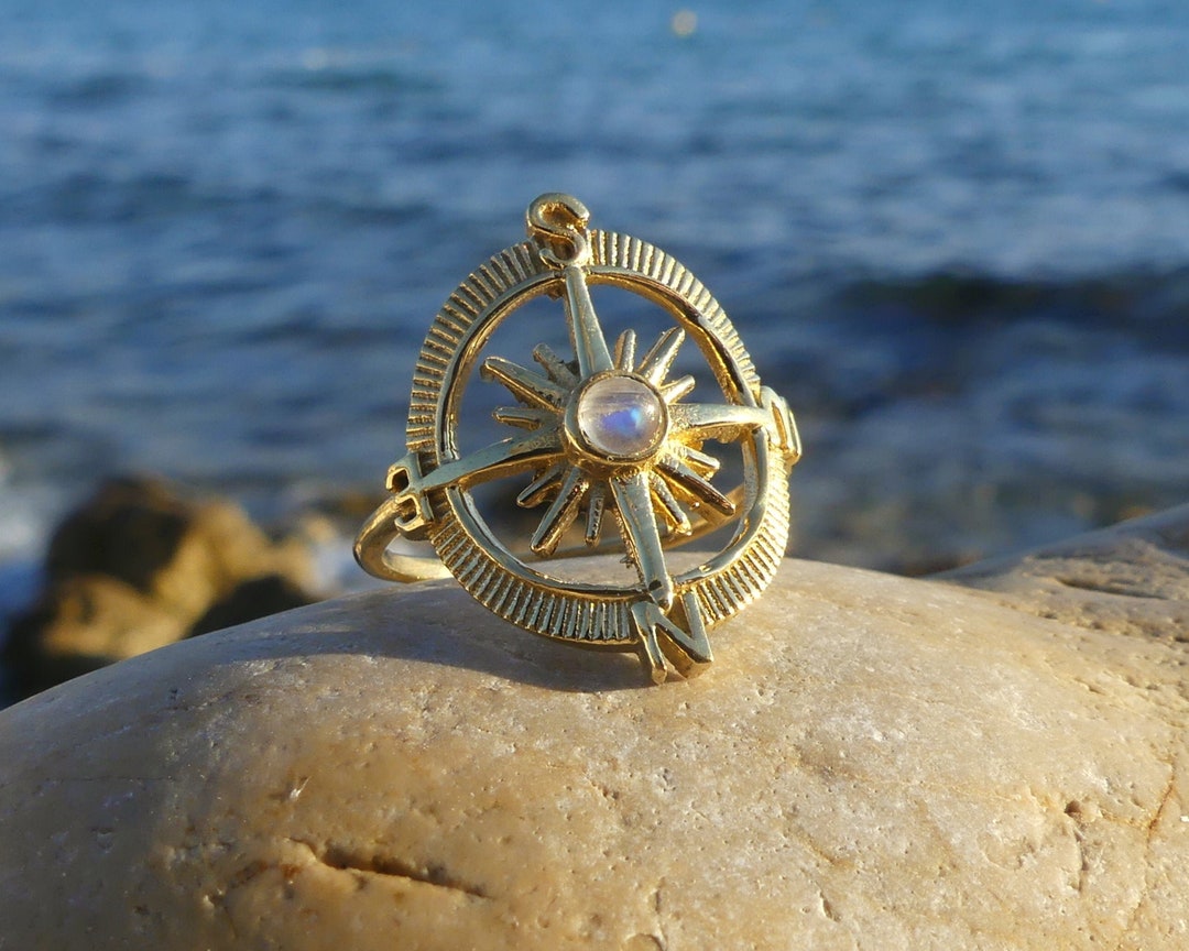Compass Ring Golden Compass Ring Sterling Brass Ring Moon 