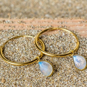 Moon stone earrings, moon stone hoops, gold plated moon stone earring, moon stone jewelry, small moon stone hoops, hoops with moon stone
