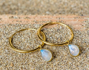 Moon stone earrings, moon stone hoops, gold plated moon stone earring, moon stone jewelry, small moon stone hoops, hoops with moon stone